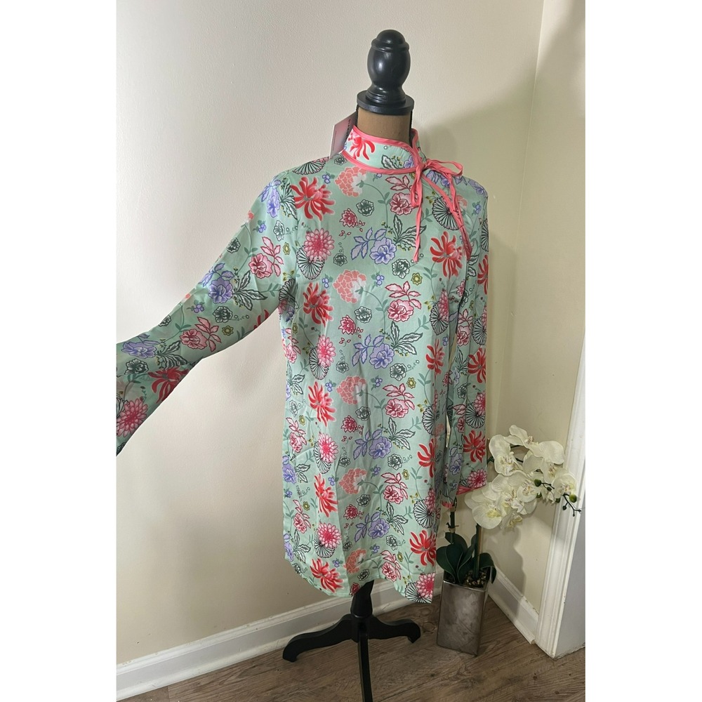 Glamorous Mint Green Floral Tie Neck Dress Asian Inspired Flowy‎ Party Dress